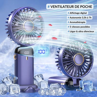 Ventilateur de poche avec affichage digital, autonomie de 3,5 à 7 heures, fonction aromathérapie, 5 vitesses réglables, léger et ultra-silencieux, parfait pour un rafraßchissement portable.